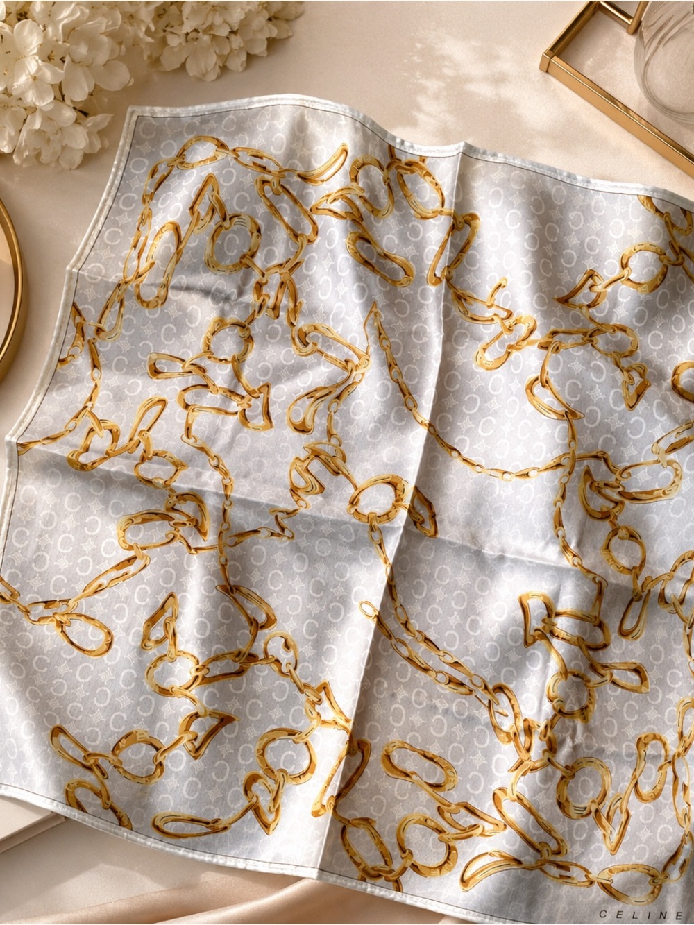 Celine Paris Vintage Gold Chain Monogram Square Scarf 19x19